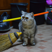 a cat with broom in room